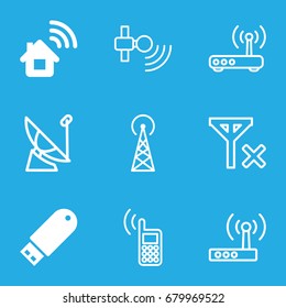 Wireless icons set. set of 9 wireless filled and outline icons such as signal tower, flash drive, home connection, router, phone, no signal, satellite