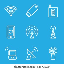 wireless icons set. Set of 9 wireless outline icons such as signal tower, heart mobile, signal, flash drive, intercom, wi-fi, laptop signal