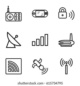 Wireless icons set. set of 9 wireless outline icons such as signal tower, satellite, radio, wi-fi, security lock, portable game console, signal