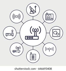 Wireless icons set. set of 9 wireless outline icons such as photo with heart, signal, router, intercom