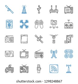 wireless icons set. Collection of wireless with antenna, rss feed, smartwatch, television, satellite dish, gamepad, signal tower, radio. Editable and scalable wireless icons.