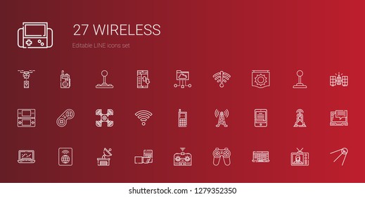 wireless icons set. Collection of wireless with laptop, gamepad, remote control, radio, satellite dish, wifi, ereader, signal tower, cellphone. Editable and scalable wireless icons.