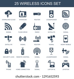 wireless icons. Trendy 25 wireless icons. Contain icons such as download cloud, intercom, router, loudspeaker, wi fi, signal, flash drive, radio. wireless icon for web and mobile.