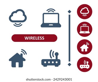 Wireless Icons. WiFi, Wi-Fi, Signal, Cloud COmputing, Laptop, House, Smart Home, Router, Modem Icon. Professional, 32x32 pixel perfect vector icon.