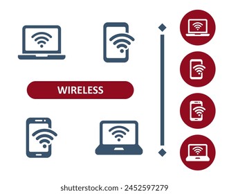 Wireless Icons. WiFi, Wi-Fi, Signal, Laptop, Computer, Smartphone, Mobile Phone Icon. Professional, 32x32 pixel perfect vector icon.