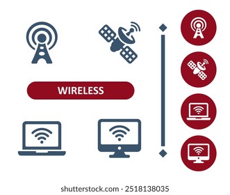 Wireless Icons. WiFi, Wi-Fi, Signal, Radio Tower, Satellite, Internet, Laptop, Computer, PC Icon. Professional, 32x32 pixel perfect vector icon.