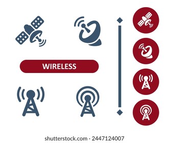 Wireless-Symbole. WiFi, Wi-Fi, Signal, Satellitenschüssel, Satellit, Funkturm, Kommunikationssymbol. Professionelles Symbol für perfekte Vektorgrafik mit 32 x 32 Pixeln.