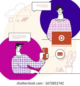 Drahtlose Informationsübertragung über moderne Geräte. Cloud-Speicherkonzept. Synchronisation Backend Cloud Datenspeicher mit Laptop, Smartphone. Datenübertragungs-Upload-Download. Flache Vektorillustration.
