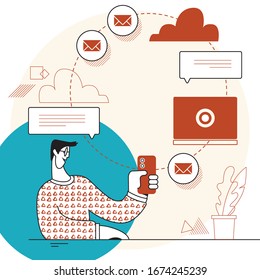 Wireless information transfer across modern gadgets. Cloud storage concept. Synchronization backend cloud data storage with laptop, smartphone. Data transfer upload-download. Flat vector illustration.
