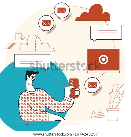 Wireless information transfer across modern gadgets. Cloud storage concept. Synchronization backend cloud data storage with laptop, smartphone. Data transfer upload-download. Flat vector illustration.