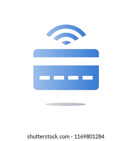 Wireless instant payment, clearing basis technology concept, banking services, credit card with signal, easy finance transaction, vector icon, flat illustration