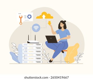 Tecnologia de conexão sem fio com a Internet. Comunicação Wi-Fi de gadgets para conectar à rede de Internet. Ilustração de vetor plano.	

