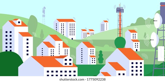 Wireless Internet Landscape. Internet Equipment, Radio Satellite Tv Tower In Village. Telecommunication Infrastructure Vector Illustration