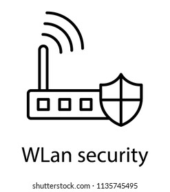 
Wireless internet modem with wifi signals and protection shield, wlan security icon
