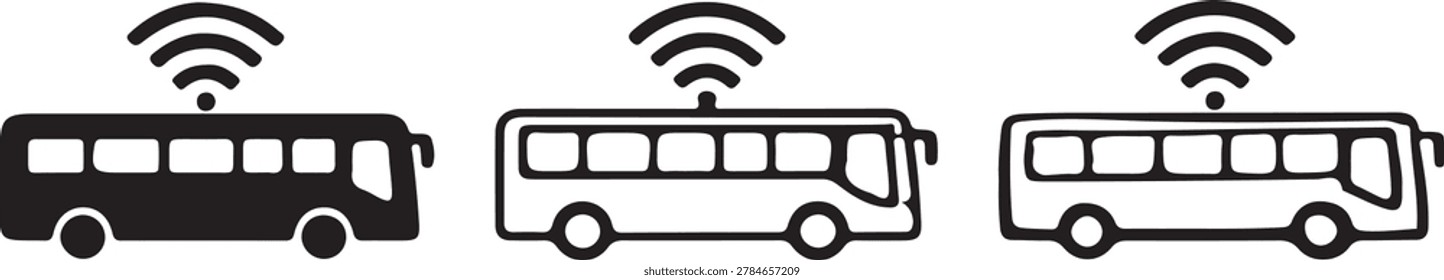Wireless internet on bus icons, digital transit symbols, connected transport graphics, mobile network vehicle set.