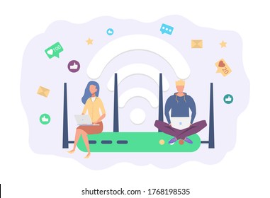 Wireless Internet Router, Modem, Wi-Fi Connection. Colorful Vector Illustration.