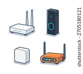 Wireless internet routers and modem devices vector illustration set.