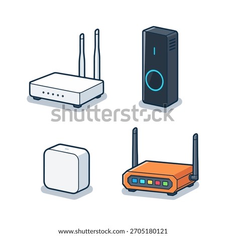 Wireless internet routers and modem devices vector illustration set.