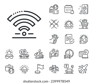 Wireless internet sign. Plane jet, travel map and baggage claim outline icons. Wifi line icon. Hotel service symbol. Wifi line sign. Car rental, taxi transport icon. Place location. Vector