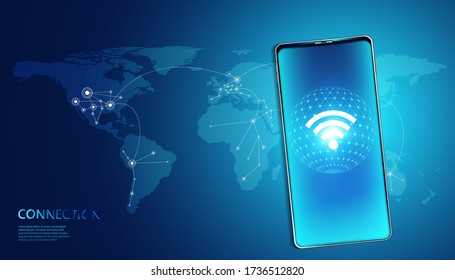 drahtlose Internet-Technologie auf Smartphone Concept Hintergrund WiFi-Verbindung und Geschäft mit Karte Netzwerk Hochgeschwindigkeits-Innovation Verbindung Vektorgrafik.