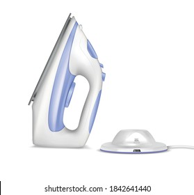 Wireless iron ironing realistic composition with isolated images of iron with charging dock on blank background vector illustration