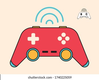 Wireless joystick bluetooth icon Game concept without wire and with a wave sign. Red and blue colors. Retro wireless game controller. Video games vector illustration.