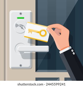 Wireless key card in human hand with guest room door handle sensor. Concept of access identification. Access control machine. Proximity card reader. Vector illustration in flat style