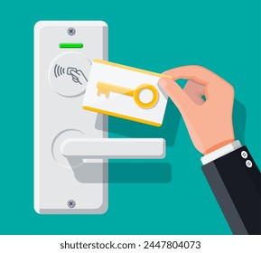 Wireless key card in human hand with guest room door handle sensor. Concept of access identification. Access control machine. Proximity card reader. Vector illustration in flat style