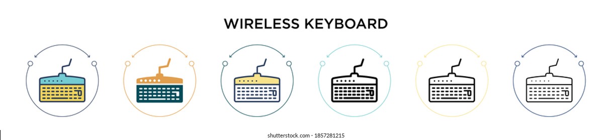 Wireless keyboard icon in filled, thin line, outline and stroke style. Vector illustration of two colored and black wireless keyboard vector icons designs can be used for mobile, ui, web