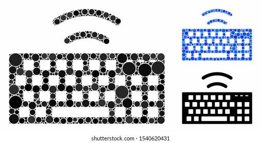Wireless keyboard mosaic of filled circles in different sizes and color hues, based on wireless keyboard icon. Vector filled circles are grouped into blue illustration.