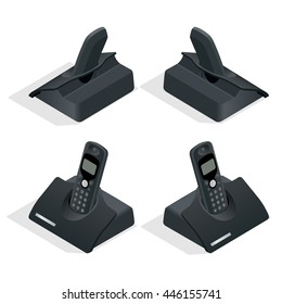 Wireless Landline Phone With Cradle. On A White Background. Flat 3d Vector Isometric Illustration. 