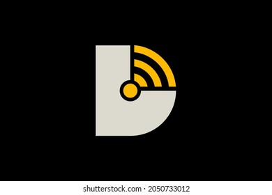 Diseño del logotipo de la letra D inalámbrica. Logo de la carta D con concepto de diseño de tecnología de señal inalámbrica. El sencillo logo es minimalista y de diseño plano, pero creativamente moderno y también elegante.