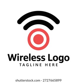 Wireless logo design with red circle and black signal waves on white background icon