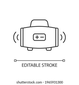 Wireless loudspeaker linear icon. Streaming music. Portability. Outdoor gatherings. Radio waves. Thin line customizable illustration. Contour symbol. Vector isolated outline drawing. Editable stroke