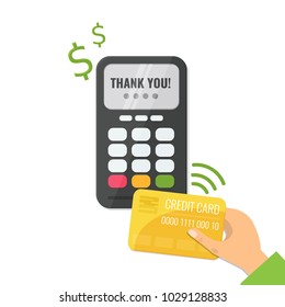 Wireless method payment, nfc payment concept. Pos terminal confirm the payment and hand with credit card