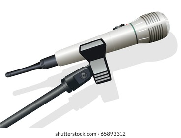Wireless microphone on a microphonic rack with a shade on a white background