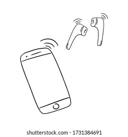 Auriculares inalámbricos conectados a la red inalámbrica con smartphone. Ilustración vectorial de estilo Doodle aislada en un fondo blanco.