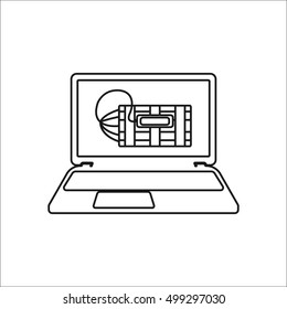 Wireless mobile bomb or detonation on laptop sign line icon on background