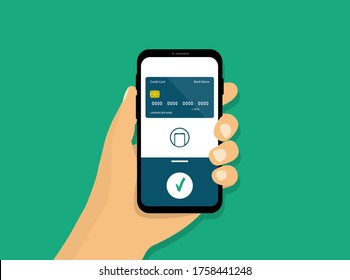 Wireless mobile payment. NFC payment. Smartphone in hand. Flat style.