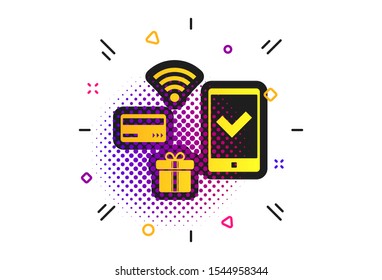 Wireless mobile payments icon. Halftone dots pattern. Smartphone, credit card and gift symbol. Classic flat mobile payments icon. Vector