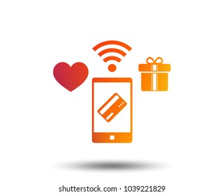 Wireless mobile payments icon. Smartphone, credit card and gift symbol. Blurred gradient design element. Vivid graphic flat icon. Vector