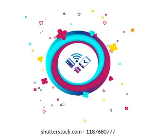 Wireless mobile payments icon. Smartphone, credit card and gift symbol. Colorful button with icon. Geometric elements. Vector