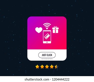 Wireless mobile payments icon. Smartphone, credit card and gift symbol. Web or internet icon design. Rating stars. Just click button. Vector