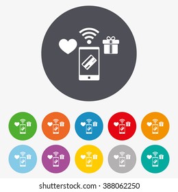 Wireless mobile payments icon. Smartphone, credit card and gift symbol. Circle colourful buttons.
