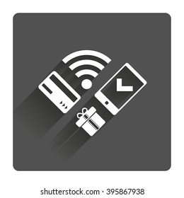 Wireless mobile payments icon. Smartphone, credit card and gift symbol. Gray flat square button with shadow. Modern UI website navigation.