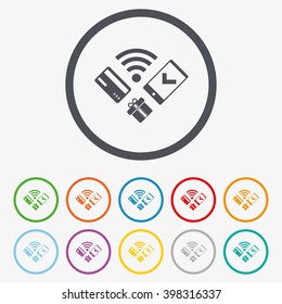Wireless mobile payments icon. Smartphone, credit card and gift symbol. Round circle buttons with frame.