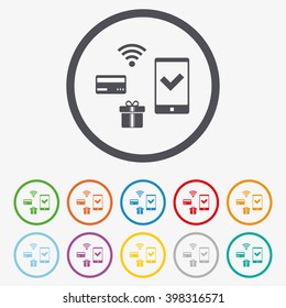 Wireless mobile payments icon. Smartphone, credit card and gift symbol. Round circle buttons with frame.