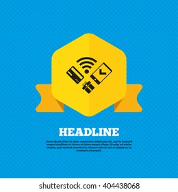 Wireless mobile payments icon. Smartphone, credit card and gift symbol. Yellow label tag. Circles seamless pattern on back.