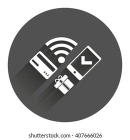 Wireless mobile payments icon. Smartphone, credit card and gift symbol. Circle flat button with shadow. Modern UI website navigation.