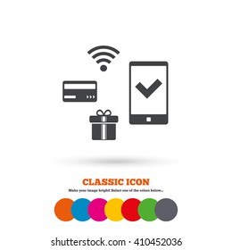 Wireless mobile payments icon. Smartphone, credit card and gift symbol. Classic flat icon. Colored circles.